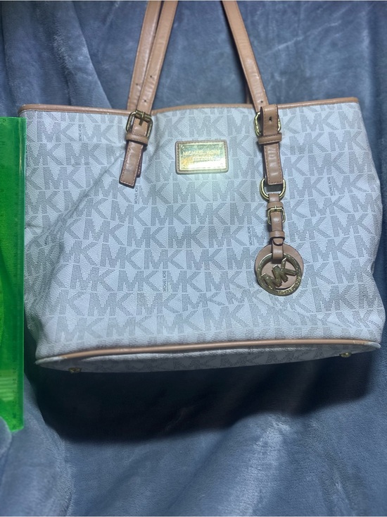 Michael Kors Handbags - Michael Kors Gray Signature Monogram Tote with Tan Trim